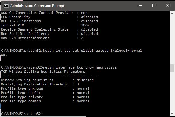 Windows scaling heuristics disable to speed up internet using cmd