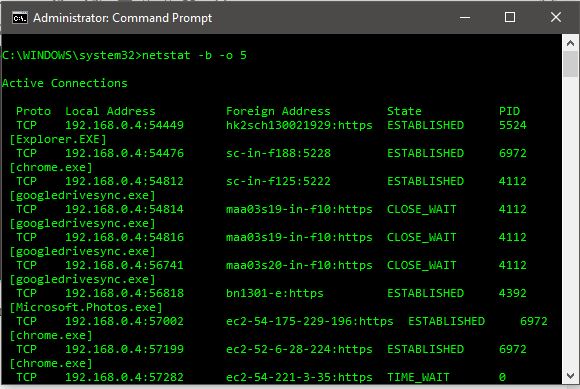 netstat -b -o 5