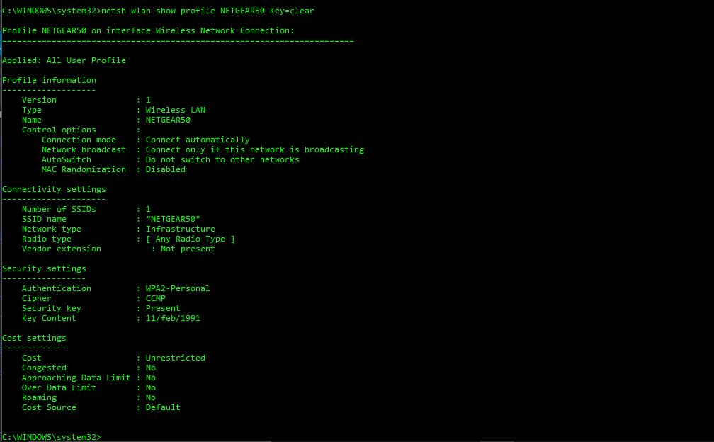 netsh wlan show profile wifi-name key=clear wifi password using cmd