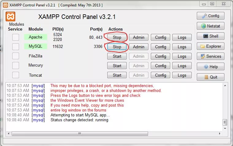 XAMPP control panel