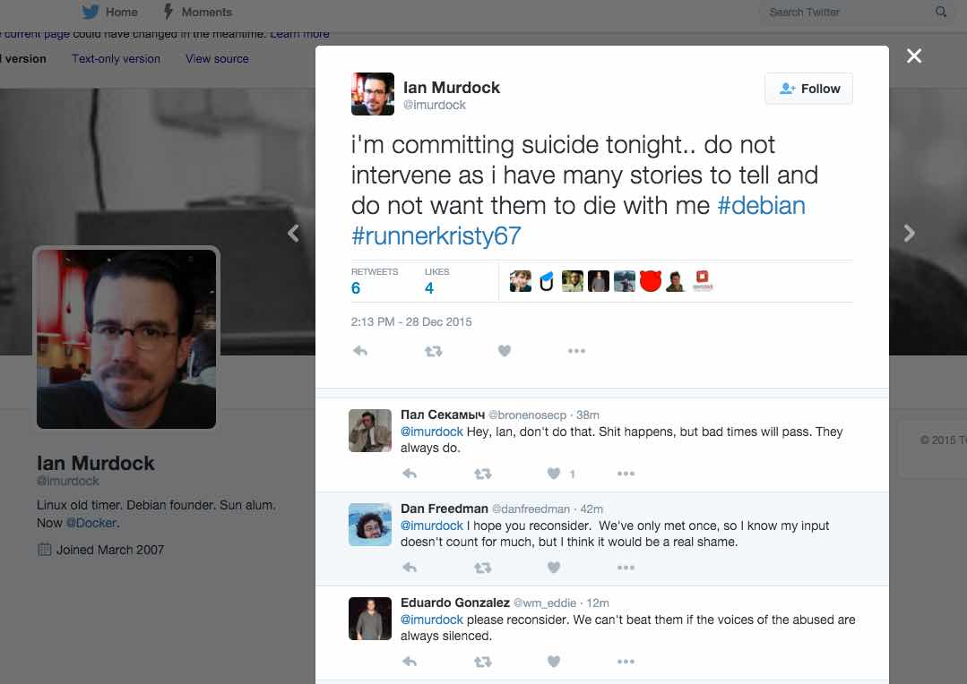 ian murdock tweet about suicide debain founder