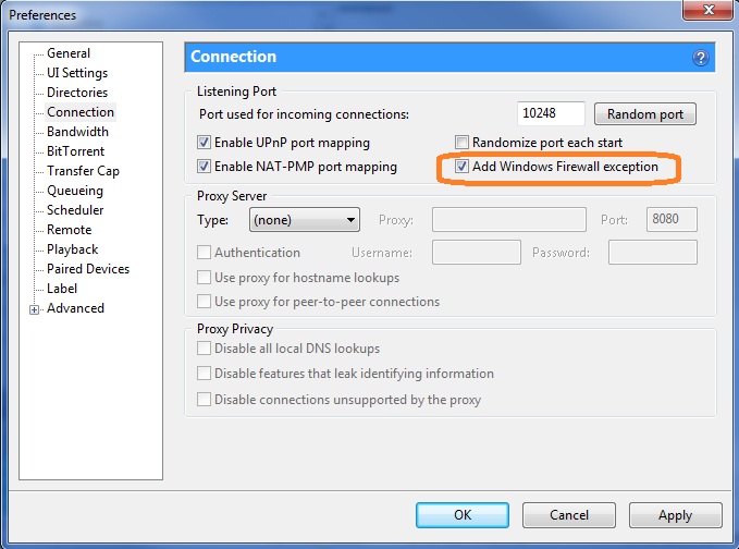 Enable Windows Firewall Exception to increase torrent download speed