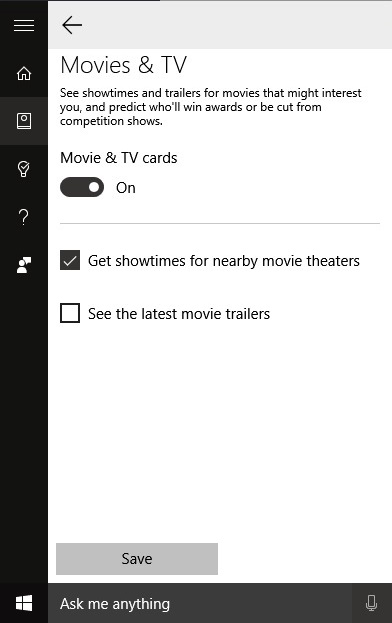 WIndows 10 Cortana Movies & TV feature