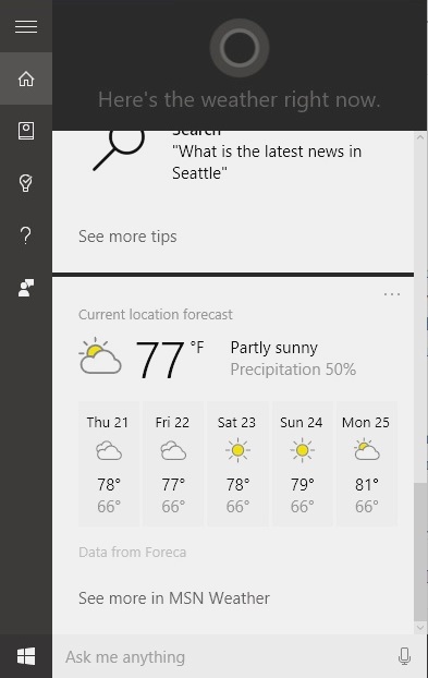 Windows 10 Cortana weather feature