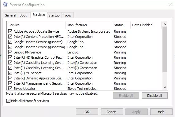Disabling all Microsoft services using msconfig