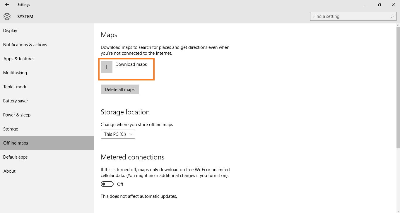 Download offline map in Windows 10 settings
