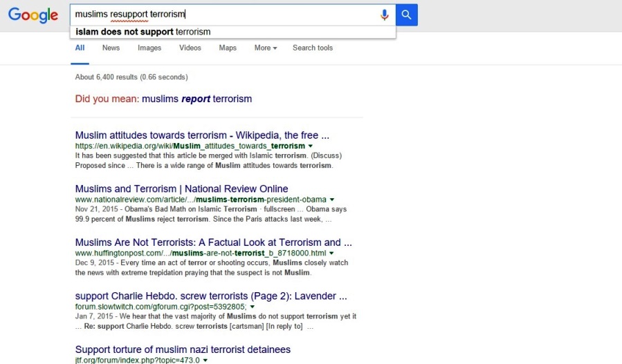 Islam does not support terrorism on Google search