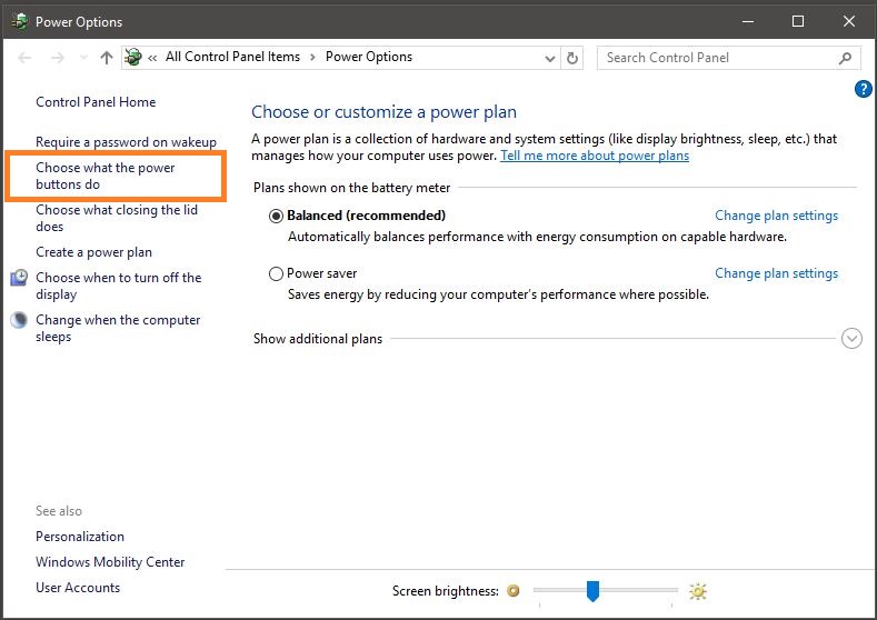 Power Options Windows 10