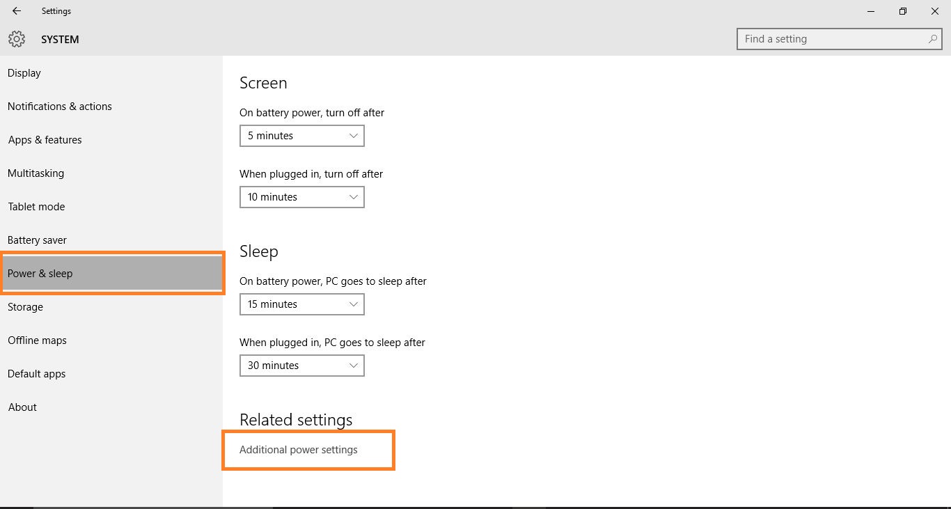 Power and sleep under system settings