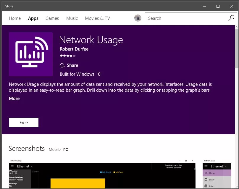 Network Usage app downloading from Store in Windows 10