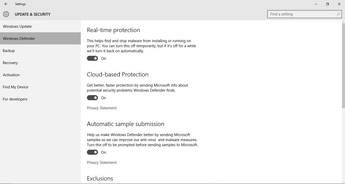 Update and security Windows defender