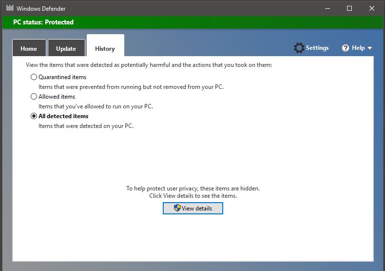 WIndows defender history