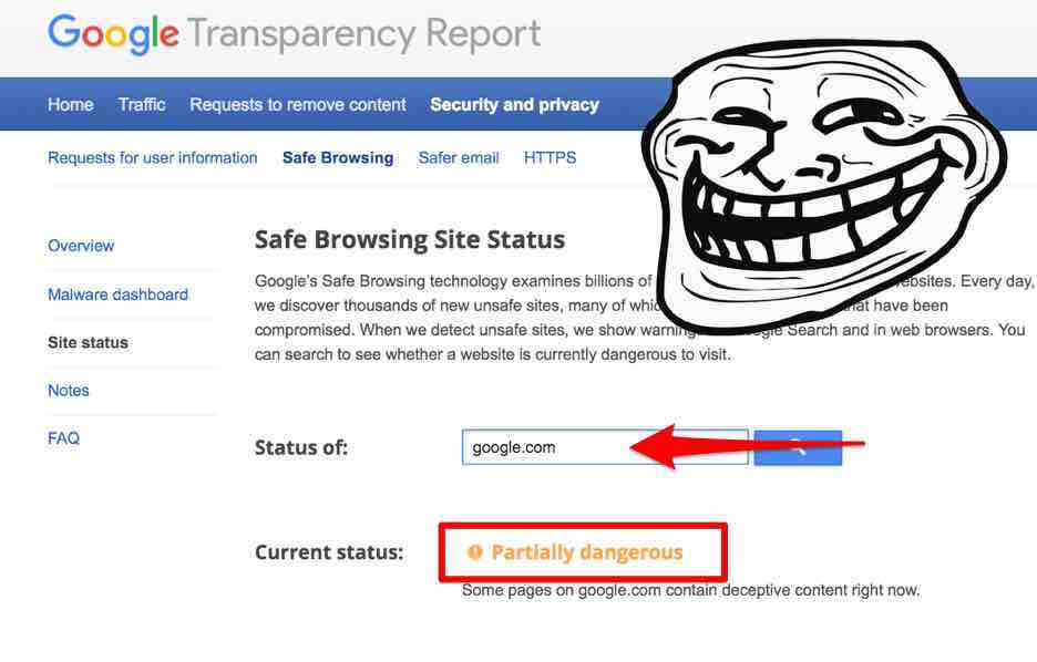 google safe browsing dangerous troll