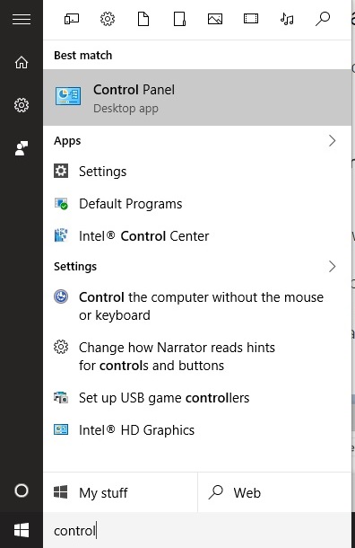 Control panel in Windows 10
