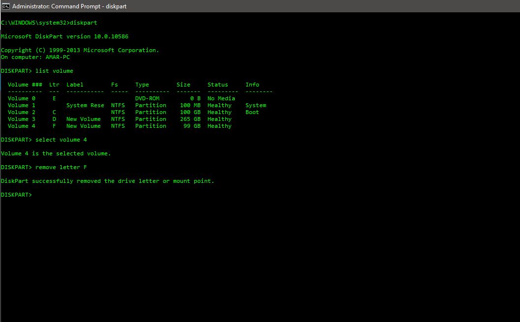 Hide a drive in command prompt