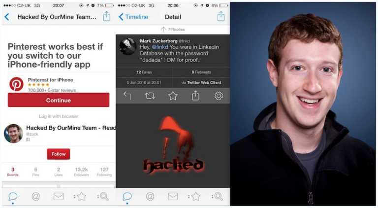 mark zuckerberg twitter pinterest hacked