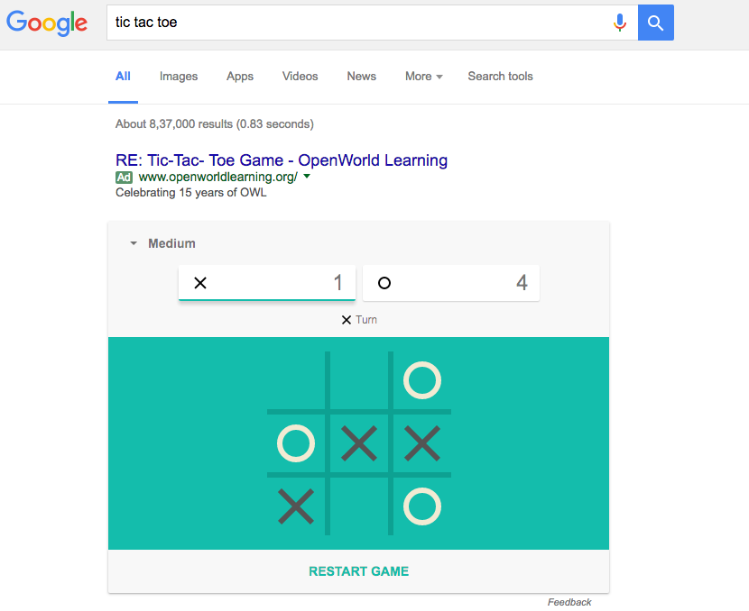 how to play tic tac toe google search 2
