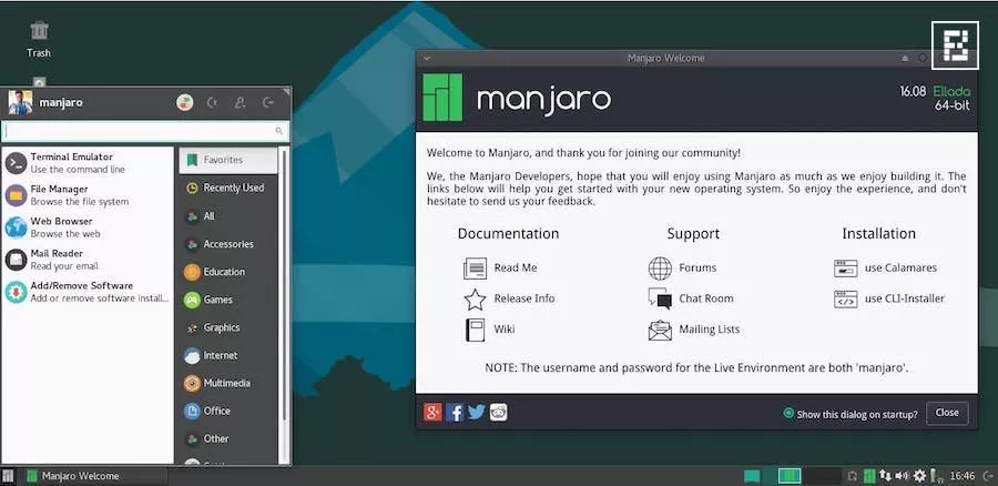 manjaro linux 16.08 xfce screenshot welcome page start menu