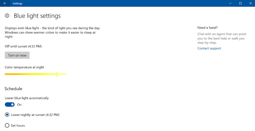 blue light settings windows 10
