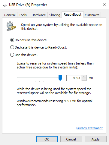 Disable ReadyBoost Windows 10