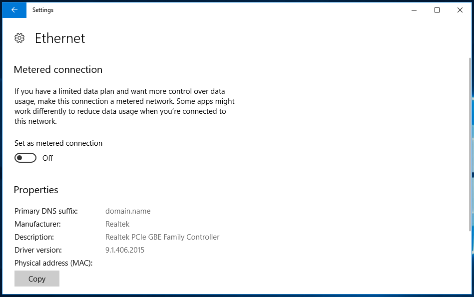 Configure GPO to trun off metered network connection on Ethernet 