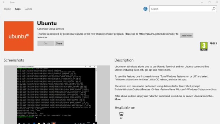 Ubuntu on Windows Store main