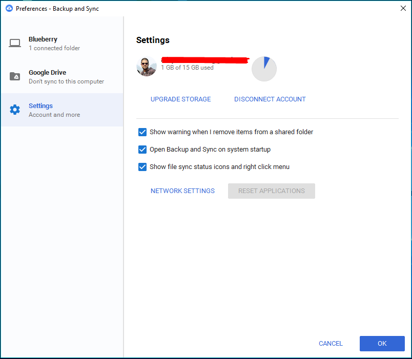 change backup and sync settings google