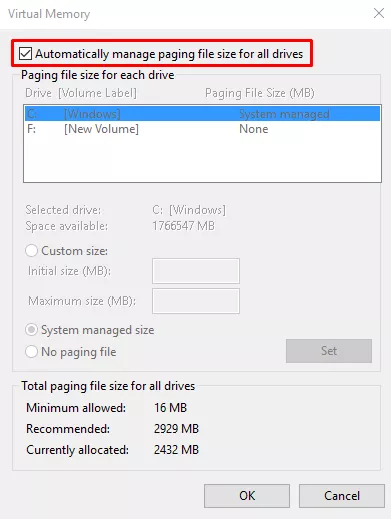Automatically manage paging file size for all drives to Make Windows Faster