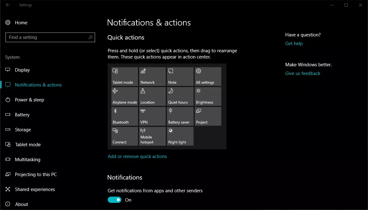 Windows 10 Action Center menu settings