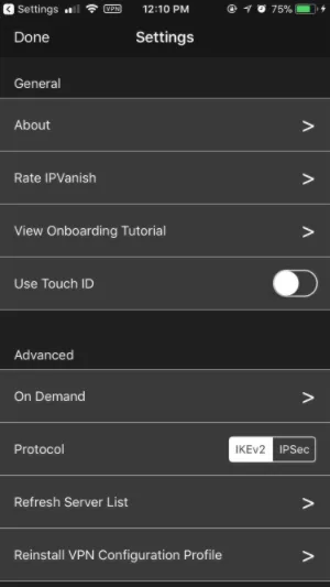 IPVanish ios app settings