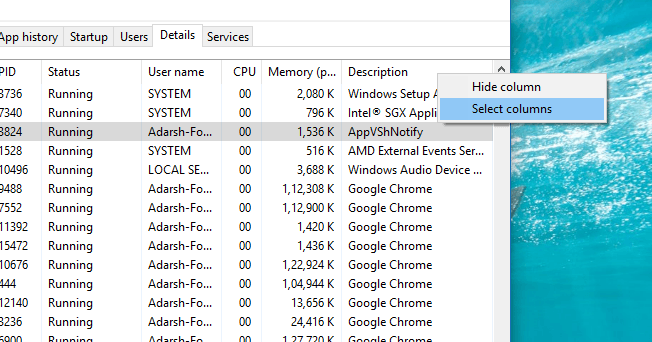 Windows 10 task manager details tab