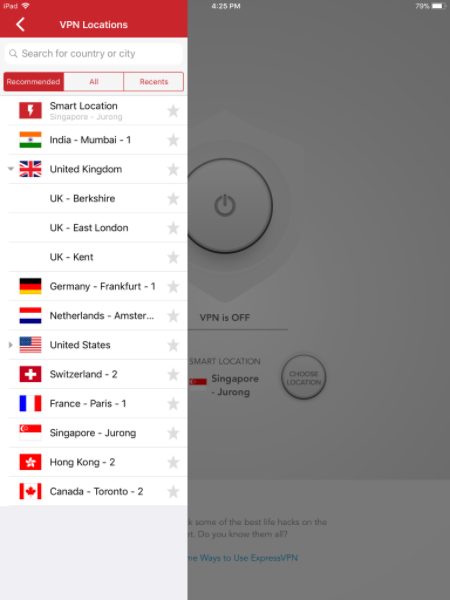 ExpressVPN app iPad choose server location