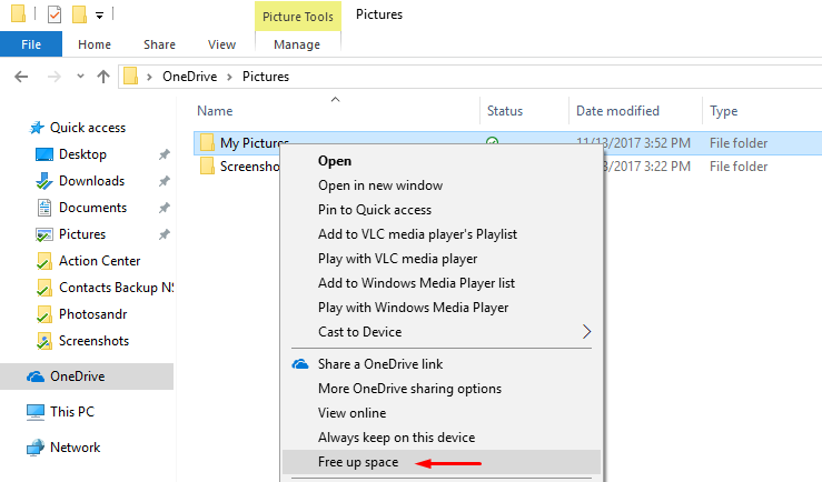 onedrive files on-demand free up space