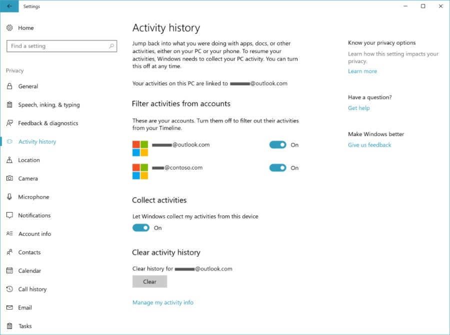 Windows 10 Timeline Preview 1 Settings