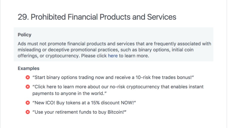Facebook cryptocurrency ads ban