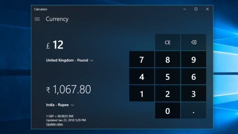Use Windows 10 Currency Converter main