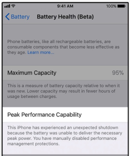 iphone battery health performance management disabled