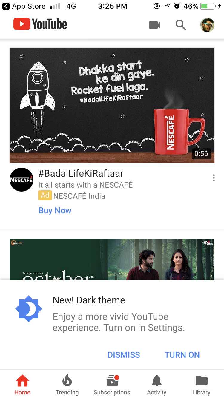 YouTube Dark Mode Notification