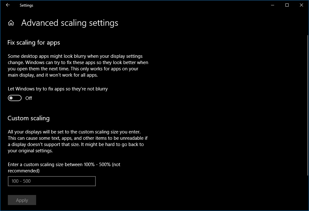 Windows 10 April 2018 Update 7-2 Advanced Scaling Settings Apps