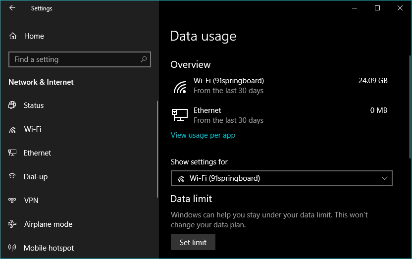 How do I check my data usage in Windows 10?