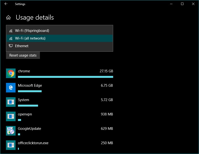 check usage for individual WiFi network in Windows 10