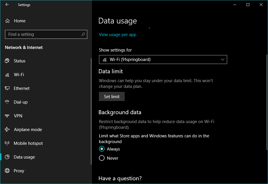 Turn off background data in Windows 10