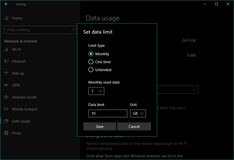 How do I set data limit in Windows 10?
