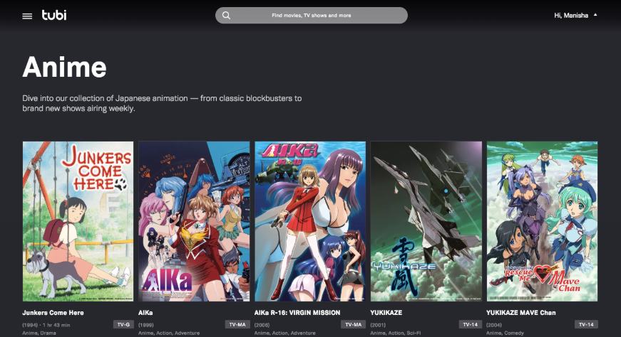 Tubi TV - free anime site to watch anime online in India