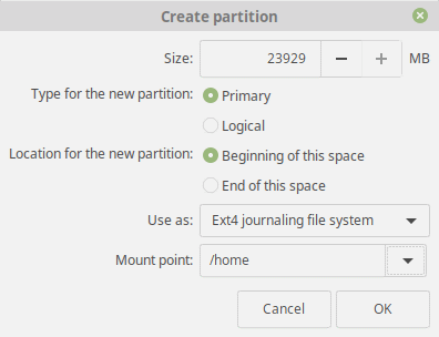 Linux Mint 19 Tara Home Partition