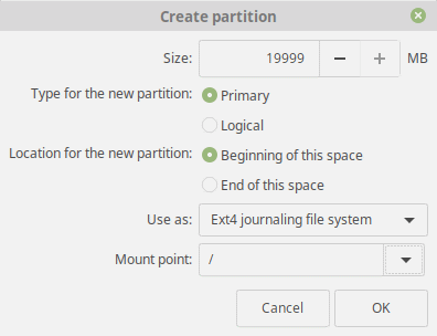 Linux Mint 19 Tara Root Partition