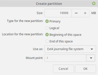 Partição de Raiz do Linux Mint 19 Tara