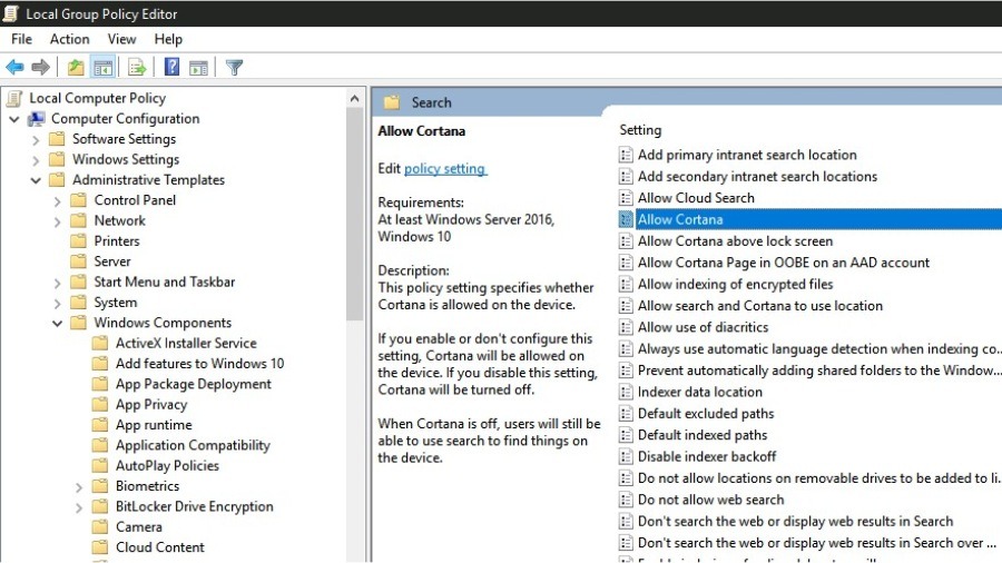 Allow Cortana in Group Policy Editor