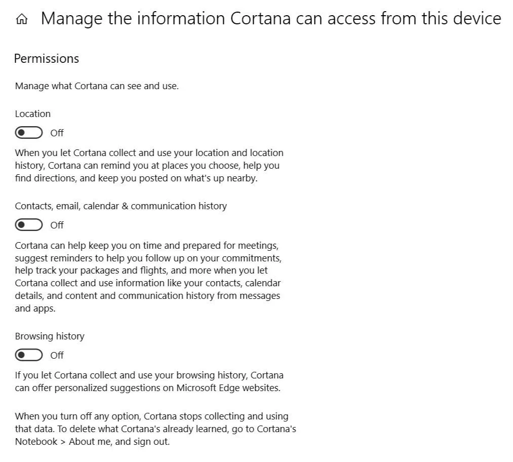 Manage the information Cortana can access from the device