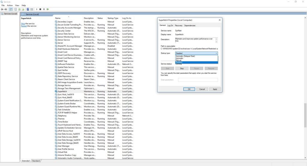 Disable Superfetch using Services Windows 10